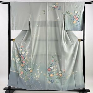 訪問着 身丈156cm 裄丈64.5cm M 袷 落款 草花 ぼかし 薄緑 正絹 名品 【中古】