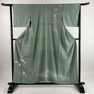 訪問着 身丈157.5cm 裄丈64cm M 袷 岡村蒼風 落款 椿 灰緑 正絹 秀品 一つ紋 【中古】