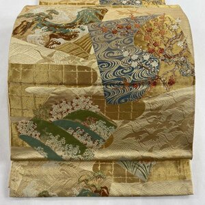 袋帯 秀品 落款 服部織物 色紙 松梅 金銀糸 箔 金色 六通 正絹 【中古】