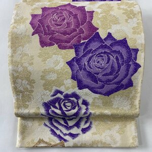 袋帯 美品 秀品 薔薇 箔 ラメ箔 薄黄 六通 正絹 【中古】