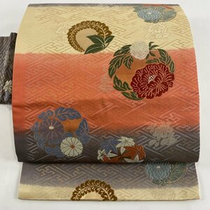 名古屋帯 優品 花丸文 紗綾形 唐織 箔 朱色 正絹 【中古】