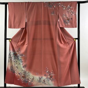 付下げ 身丈154.5cm 裄丈62.5cm S 袷 花鳥 扇 金銀彩 ぼかし ピンク 正絹 秀品 【中古】