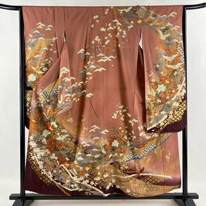 振袖 身丈157.5cm 裄丈65.5cm M 袷 鶴 草花 金彩 ぼかし 小豆色 正絹 秀品 【中古】