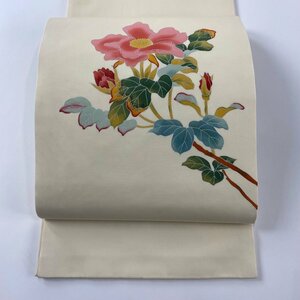 開き名古屋帯 秀品 落款 草花 ベージュ 正絹 【中古】