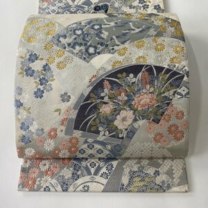 袋帯 美品 名品 扇面 草花 金銀糸 箔 クリーム 六通 正絹 【中古】