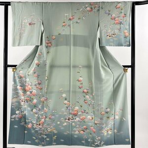 訪問着 身丈151.5cm 裄丈62.5cm S 袷 菊 家屋 ぼかし 薄緑 正絹 秀品 【中古】