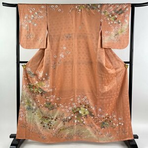 訪問着 身丈163cm 裄丈63.5cm S 袷 扇 桜 金糸 金銀彩 サーモンピンク 正絹 秀品 【中古】