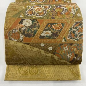 袋帯 美品 秀品 草花 鳳凰 金糸 箔 ベージュ 六通 正絹 【中古】