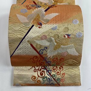 袋帯 美品 秀品 鳥 唐草 金銀糸 刺繍 金色 六通 正絹 【中古】