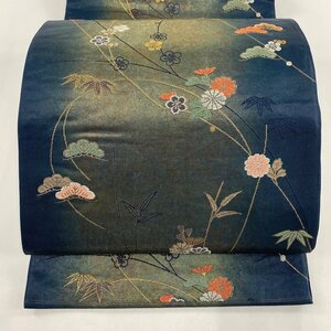 袋帯 美品 秀品 松竹梅 菊 箔 深緑 六通 正絹 【中古】