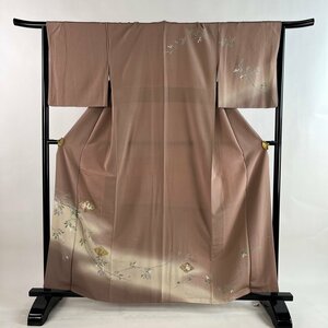 訪問着 身丈160.5cm 裄丈66cm M 袷 向かい鳥 葉と実 金糸 金彩 小豆色 正絹 美品 秀品 【中古】