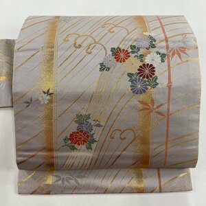 名古屋帯 美品 秀品 草花 箔 灰紫 正絹 【中古】