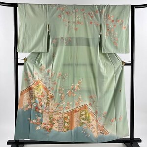 訪問着 身丈157.5cm 裄丈64cm M 袷 落款 幔幕 菊 金彩 薄緑 正絹 秀品 【中古】