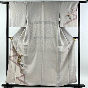 付下げ 身丈156cm 裄丈64cm M 袷 御所車 菊 刺繍 絞り 薄紫 正絹 秀品 【中古】