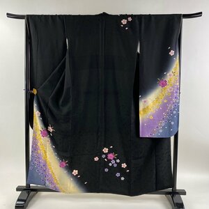 振袖 身丈159.5cm 裄丈66cm M 袷 桜 花びら 金彩 ぼかし 黒 正絹 美品 名品 【中古】