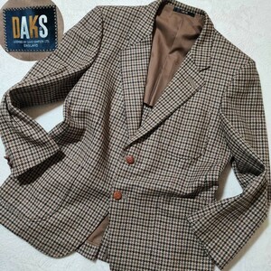 美品 L~XL ダックス ガンクラブチェック DAKS テーラードジャケット パイピング 細工ボタン ウール ブラウン 茶 メンズ 大きいサイズ 冬春