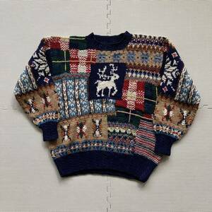 80s 90s HAND KNIT ハンドニット ウール セーター 総柄 