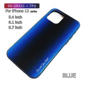 iPhone 12 mini ケース アイフォン 12 ミニ ケース 5.4インチ 背面強化ガラス カーボンデザイン 耐衝撃 ブルーの画像2