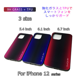 iPhone 12 mini ケース アイフォン 12 ミニ ケース 5.4インチ 背面強化ガラス カーボンデザイン 耐衝撃 ブルーの画像3