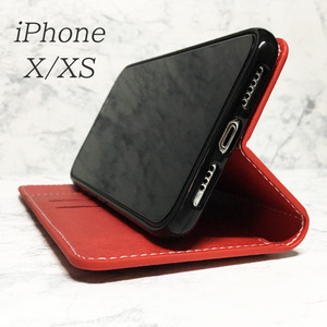 iPhone X/XS用 アイフォンX/XS 手帳型ケース レッド 送料無料 スプリットレザー