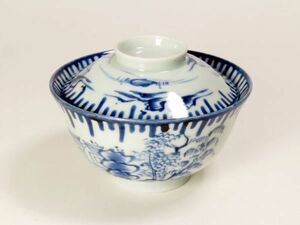 【6760】茶懐石　幕末～明治　伊万里　風景図　染付　蓋物茶碗（初品・買取品）