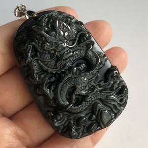 * new goods * beautiful sculpture! Dragon obsiti Anne pendant top * stone 57×40×12.* approximately 44g* Mexico production * natural stone black . stone necklace pa Worst -