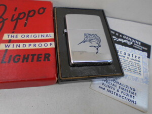 ビンテージ Zippo　3バレルヒンジ　ブルーマーリンフィッシュ 1947-1949年製　未使用　ニッケルシルバーインナー箱は汚れ,痛みがあります