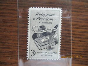 信教の自由300年ー聖書・帽子・ペン　1種完　未使用　1957年　VF/NH　米国・アメリカ合衆国