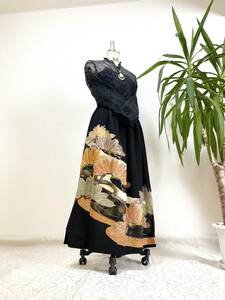 黒留袖着物リメイクウエストゴムロングスカート送料無料フリーサイズ黒留袖着物リメイクウエストゴムロングスカートフリーサイズNO.1730