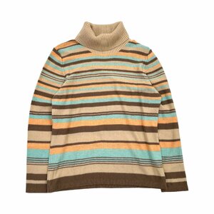 カシミヤ100%◆Cashmere カシミアウール ボーダー柄 タートルネック 長袖 ニット セーター Lサイズ/マルチ/レディース