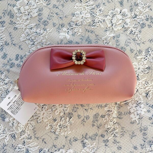 Maison de FLEUR ピンクピンク合皮リボンビジューペンケース　化粧ポーチ　筆箱　小物収納ケース　ガーリー　かわいい