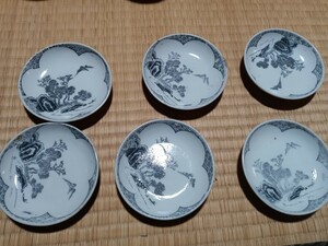 【旧家の蔵から】昭和レトロ/旧日本軍 軍事食器/統制陶器の復刻デザイン　昭和中期　小皿6客セット/黒染付山水画｜011724