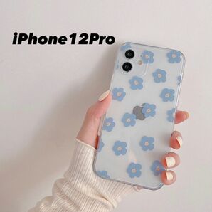 iPhone12pro お花柄 韓国 iPhoneフラワー かわいい ブルー　他の機種もあり