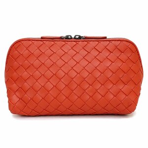 （未使用　展示品）ボッテガヴェネタ BOTTEGA VENETA イントレチャート ポーチ カーフスキン レザー オレンジ ガンメタル金具 132534