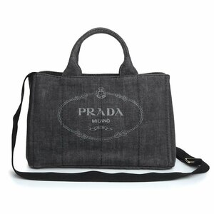 （美品）プラダ PRADA カナパ 2way ショルダー ハンドバッグ 斜め掛け デニム キャンバス トライアングルロゴ ネロ ブラック 黒 1BG642