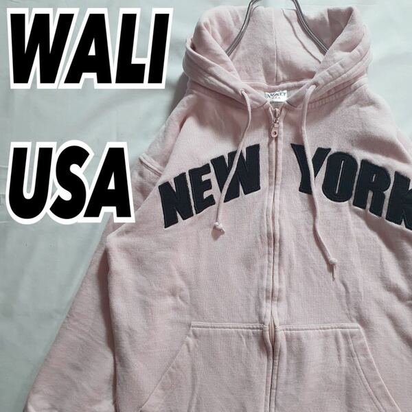 WALIUSA ワリユーエスエー メンズ ヴィンテージ ニューヨーク 立体ロゴ プルオーバーパーカー フーディー ピンク S 古着 #MA0356