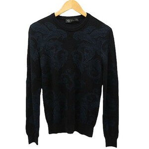 【格安】1,000円～ VERSACE ヴェルサーチ クルーネック ニットセーター 総柄 ネイビー系 サイズ48 175/88A メンズ [M4430]