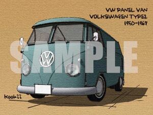 フォルクスワーゲン タイプ2 VOLKSWAGEN TYPE2 DELIVERYVAN オリジナル手描き風イラスト（旧車、VW、ワーゲンバス、パネルバン）TYPE2-PV13