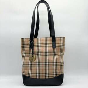 1円〜 【良品】　BURBERRY バーバリー トートバッグ ノバチェック キャンバス　シャドーホース　レザー　ブラック　黒