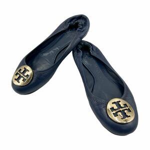 TORY BURCH トリーバーチ フラットシューズ 靴 ロゴ レザー ネイビー 紺 ゴールド金具 7 1/2M 7ハーフ 24.5cm