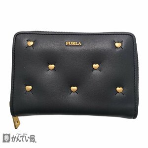 FURLA フルラ 二つ折り財布 ブラック×ゴールド金具 ハート 黒 ファスナー開閉式 箱有り シンプル 札入れ ファスナー開閉小銭入れ