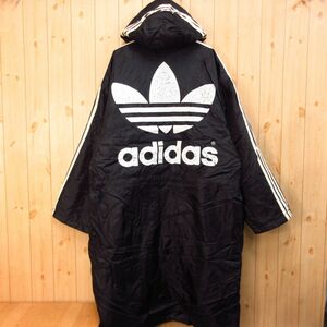 〇90s！adidas アディダス◆厚手ベンチコート ロング丈 ジャケット 中綿 裏ボア 防寒 トレフォイル ヴィンテージ◆メンズ 黒 Mサイズ◆W171