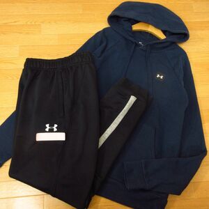 ◎UNDER ARMOUR アンダーアーマー M 上下セット◆スウェット 裏起毛 パーカー&ジョガーパンツ 秋冬◆メンズ 紺x黒◆B3306