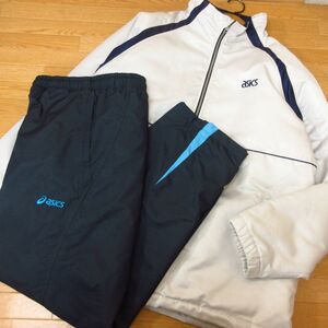 ◎asics アシックス L 上下セット◆厚手 中綿 ウィンドブレーカー ジャケット&パンツ 防寒 秋冬！◆メンズ グレーx紺◆B3354