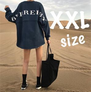  T-shirt big Silhouette long T tops tunic lady's shirt long sleeve cut and sewn print oversize navy XXL