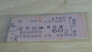 国鉄【山手線】B型硬券連絡券　渋谷から（北千住）→東武線60円区間　52-1.29　0001番