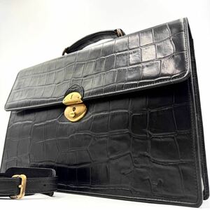 1308【超希少】Yevs Saint Laurent イヴサンローラン ビジネスバッグ 2way クロコ型押し カサンドラロゴ 金具 鍵付き レザー 本革 メンズ