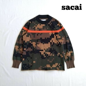 sacai　17AW デジタル カモフラージュライン ニット　タグ付　セーター　メンズ　サイズ2　日本製　コットンニット　サカイ 長袖 古着　a12