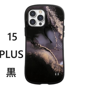 iPhone15 plusケース 大理石模様 黒 iface型 耐衝撃