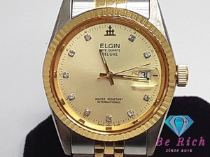 エルジン ELGIN メンズ 腕時計 デイト FK284 デラックス ゴールド シルバー SS ブレス アナログ クォーツドレス DELUXE 【中古】 ht1355